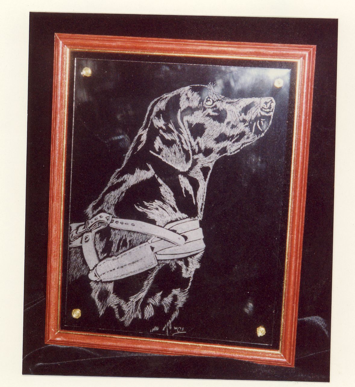 An engraving completed by me for a friend who was active in the training of Guide dogs. This is again engraved by hand on a flat glass and mounted on brass pillars above a black velvet background. This gives the engraving depth of field.