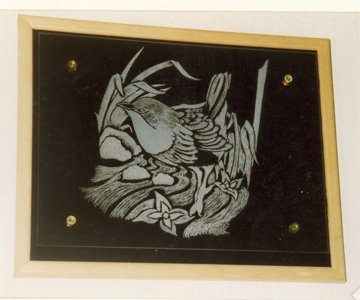 This engraving is on flat glass and is of a Wren wading in a river with the reeds blowing in the wind.
