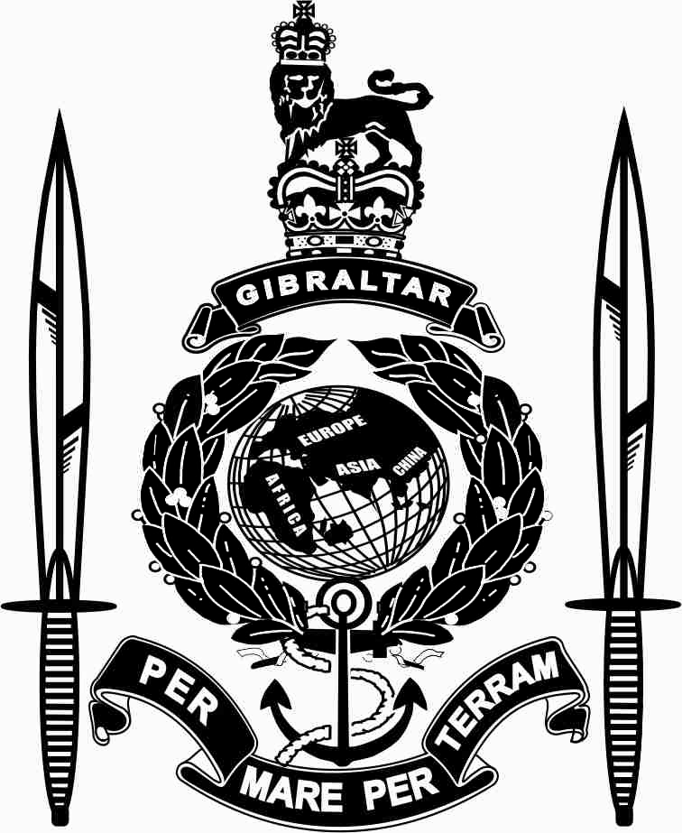 A globe with laurel leaves at both sides. Below is an ancor with a rope and below this is a ribbon with the Royal Marines moto Per Mare Per Terram. Above the globe is another ribbon with Gibraltar on it and above this is a crown with a lion on top. At each side there are two commando daggers. This completed artwork of the Badge of The Royal Marines plus commando daggers.