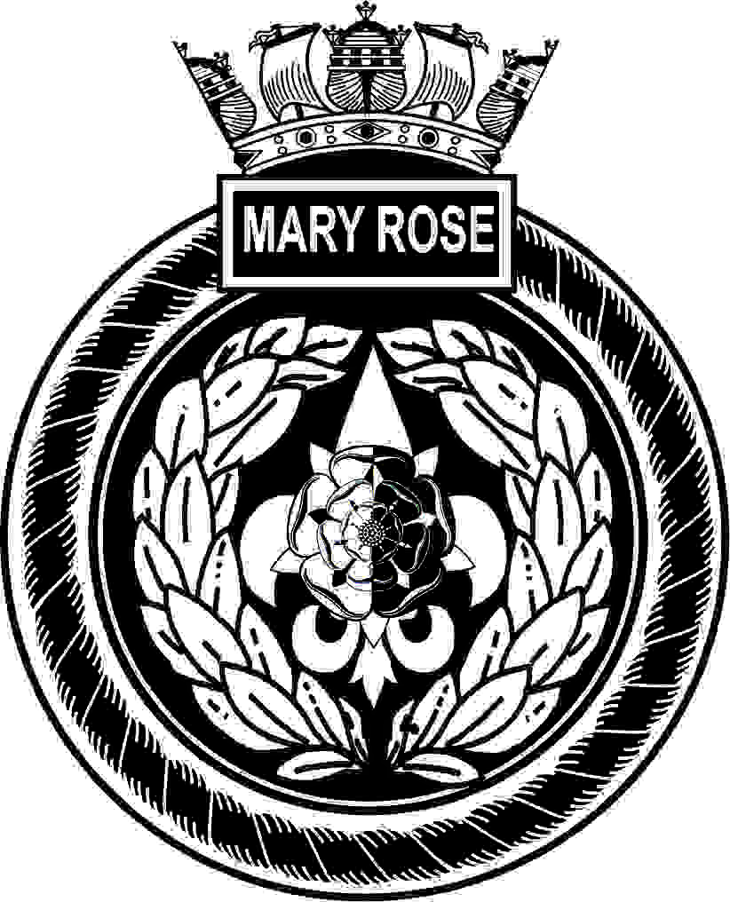 Artists impression of the crest of The Mary Rose. A round ships crest with a naval crown on top. the crest comprises of a rope border with a box on top with the words Mary Rose inside. Inside of the rope is a laurel leaf wreath inside of which is a flour de leaf with a Tudor rose on top half black and half white.