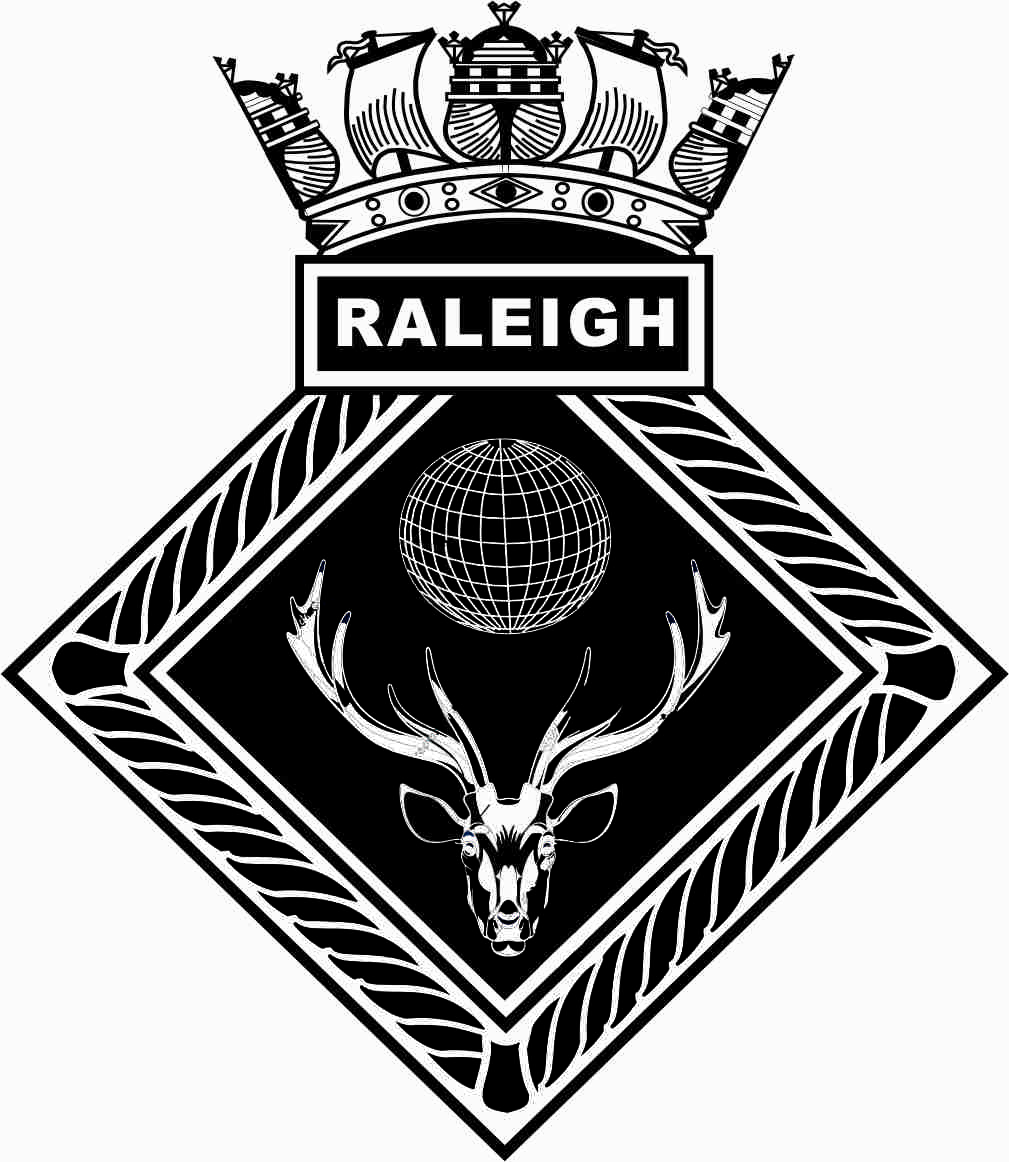 Artwork impression of the ships crest for HMS Raleigh is made up of a diamond shaped rope outer with a box above containing the word Raleigh. Above this is a navy crown. Inside the rope outer is a black background and a white lined globe above a stag head.