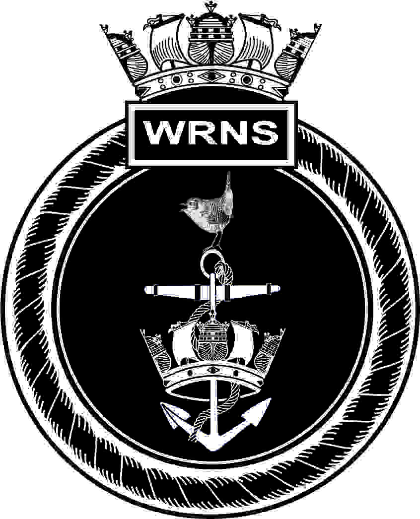 Artwork image of WRNS crest. This is made up of a round ships crest. The outer ring is a rope with a box on the top and the letters WRNS inside. On top of this is a navy crown. Inside the rope outer is a black background with ships anchor hanging through a naval crown and a bird of the wren species standing proud atop of the anchor ring