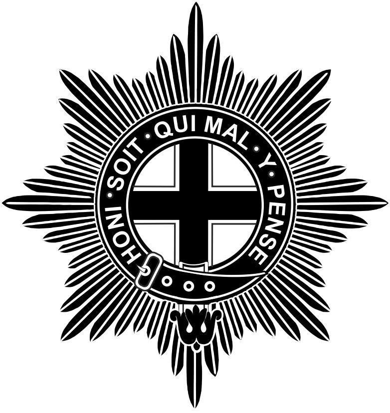 The Coldstream Guards badge is made up with sunburst behind a round belt with the words Honi Soit Qui Mal Y Pense inscribed. Inside this is a white background and a cross on top.