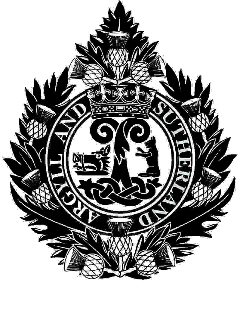 The badge of the Argyll and Sutherland Highlanders made up with a surrounding of thistle leaves and flowers. On top of these is a circle of black withe the words Argyll and Sutherland written. Inside is a intertwined emblem with a boars head on the left and a big cat on the right. Above this is a crown.  