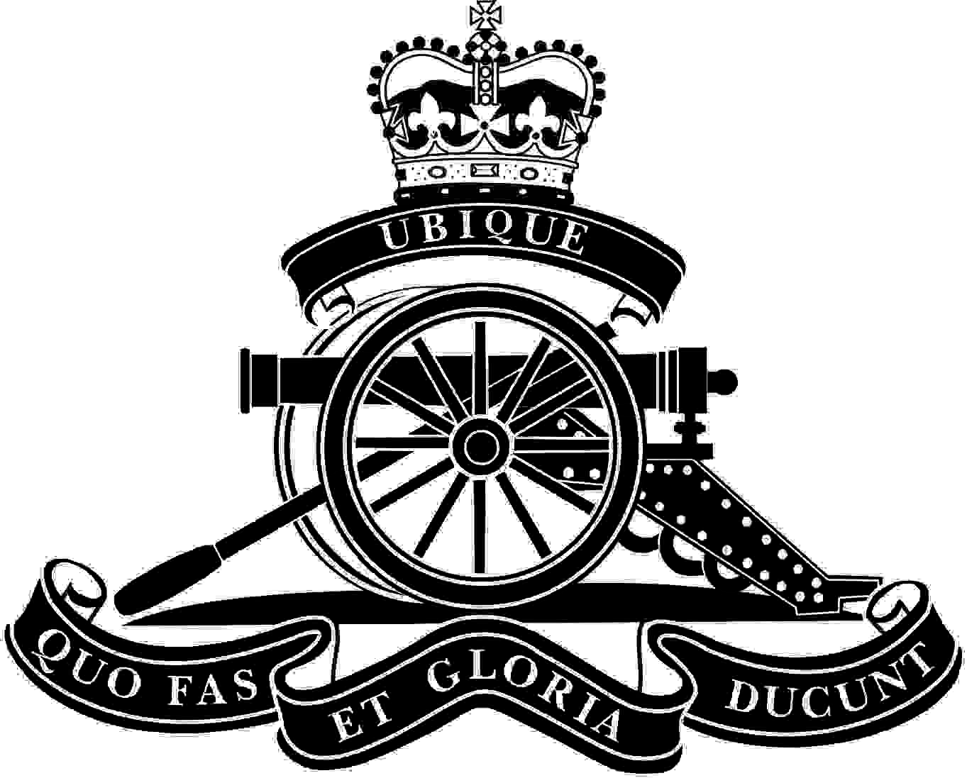 The badge of the Royal Artillery is a cannon with a ribbon above and below with the words Ubique above and Quo Fas Et Gloria Ducunt Below all topped by a crown. My impression of the badge of the badge of the Royal Artillery. Please note that all that is black is engraved onto the glass. 