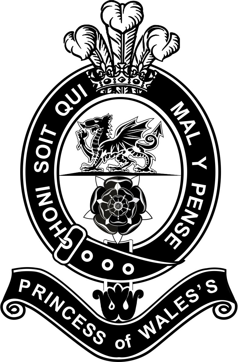 Prince of Wale's Royal Regiment badge. A detailed badge with the prince of wales feathers above the Welsh Dragon and the Tuder Rose encircled by a black belt and the words "Honi Soit Qui Mal Y Pense.