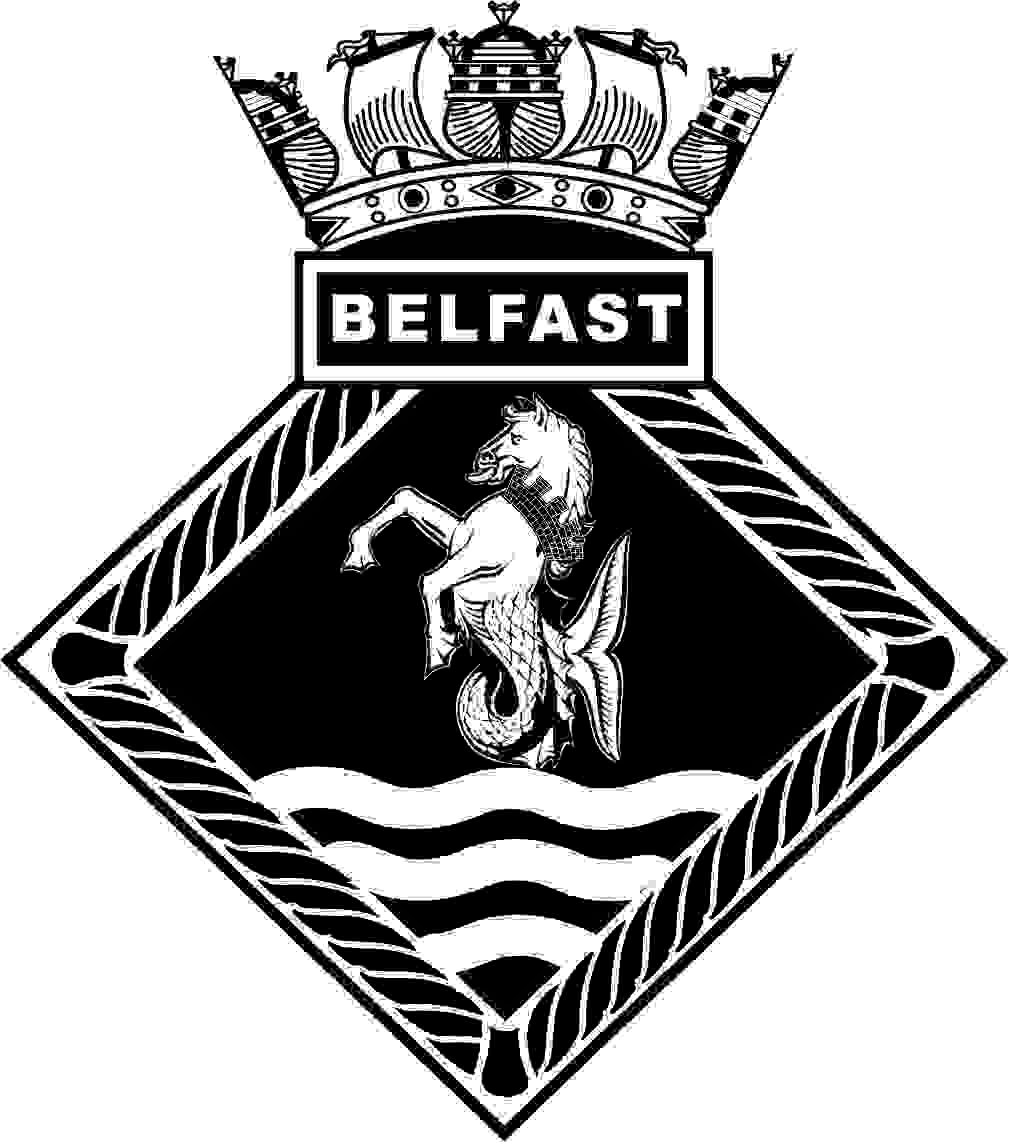 The crest of HMS Belfast. This id a diamond shaped rope with a box on top containing the word Belfast. Above this is a navy crown and in the middle is an effegy of a horse's head, shoulders and front legs with a fish tail prancing on top of three sea waves.