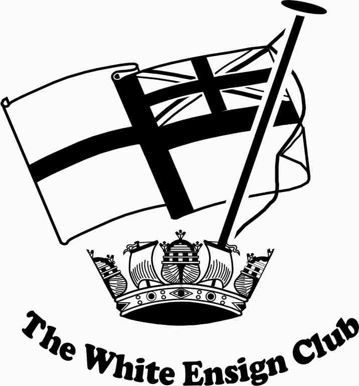 The badge of the white ensign club is a naval crown with a flagpole flying the Royal Nave White Ensign.