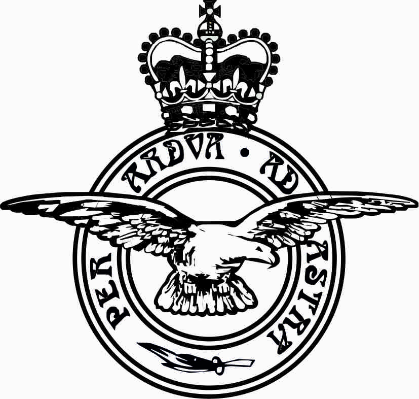 This is an artist's impression of the R.A.F. badge or crest . It has two circles, one smaller than the other and inside. Between these circles is the words Per Ardva Ad Astra. On top of this with wings extended across both sides of the circles is a bird of pray. anove the circles is a royal crown.