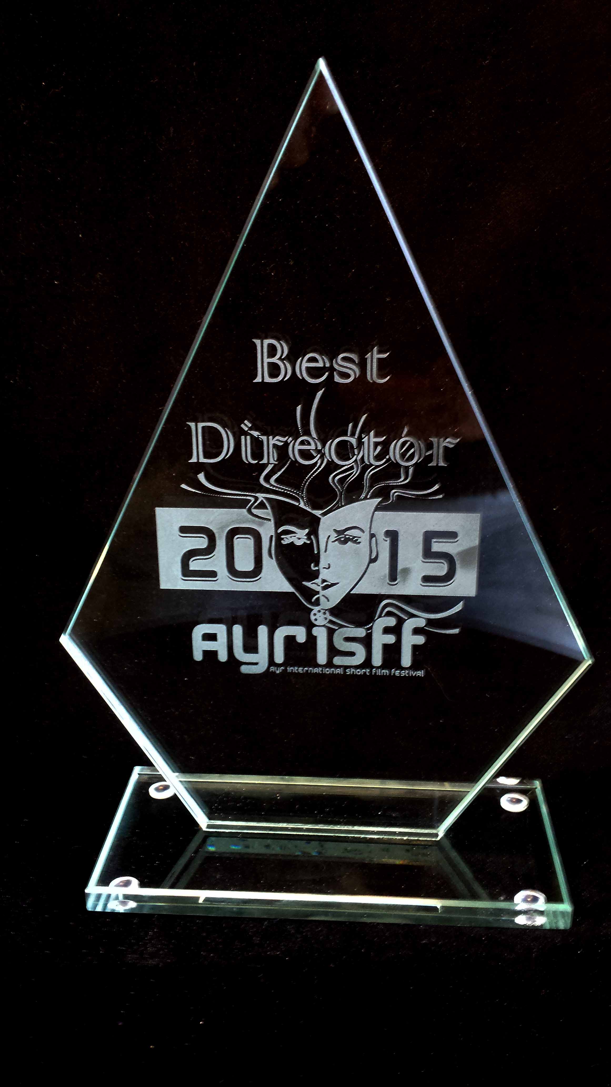 Standing Diamond shape glass engraved with Film Festival Logo