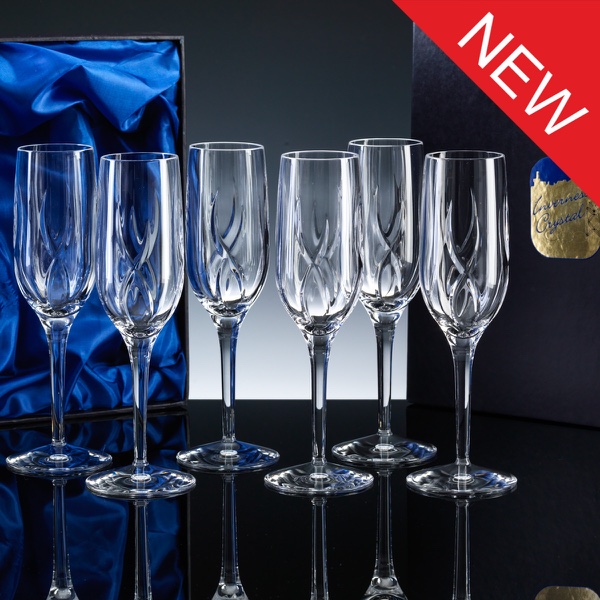 Elite Fully Cut 24% Lead Crystal 6oz Champagne Flute, Set of 6, Satin Boxed